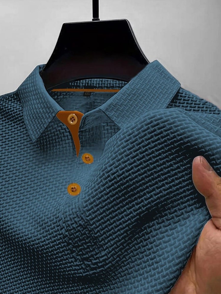 Men's Textured Woven-Pattern Button-Placket Polo Shirt - Blue