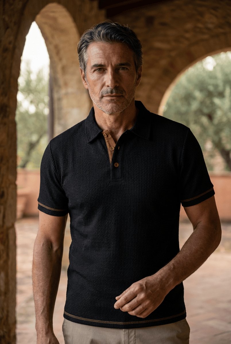Men's Textured Woven-Pattern Button-Placket Polo Shirt