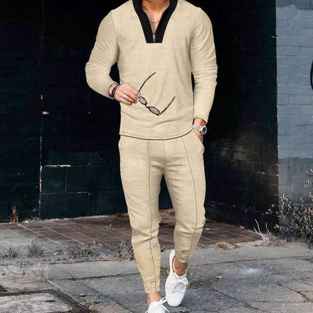 Men's Two-Piece Outfit Long-Sleeve Zip V-Neck Top Jogger Pants Set - Khaki