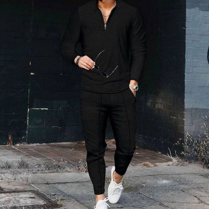 Men's Two-Piece Outfit Long-Sleeve Zip V-Neck Top Jogger Pants Set - Black