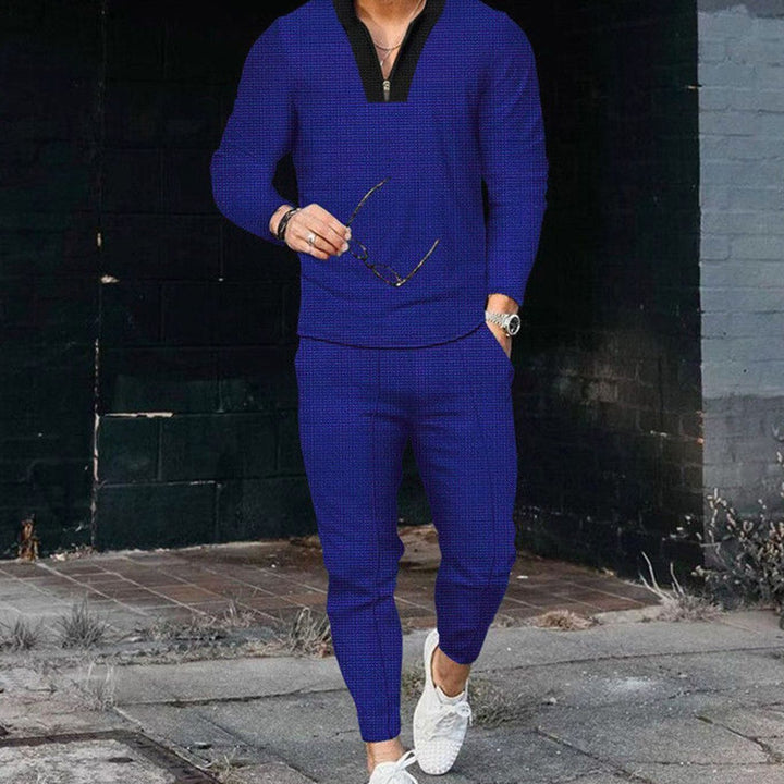 Men's Two-Piece Outfit Long-Sleeve Zip V-Neck Top Jogger Pants Set - Blue