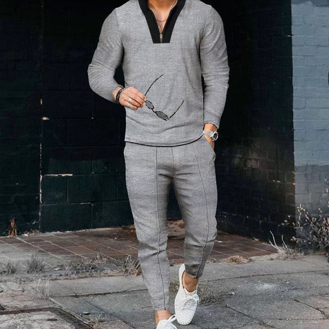 Men's Two-Piece Outfit Long-Sleeve Zip V-Neck Top Jogger Pants Set - Grey