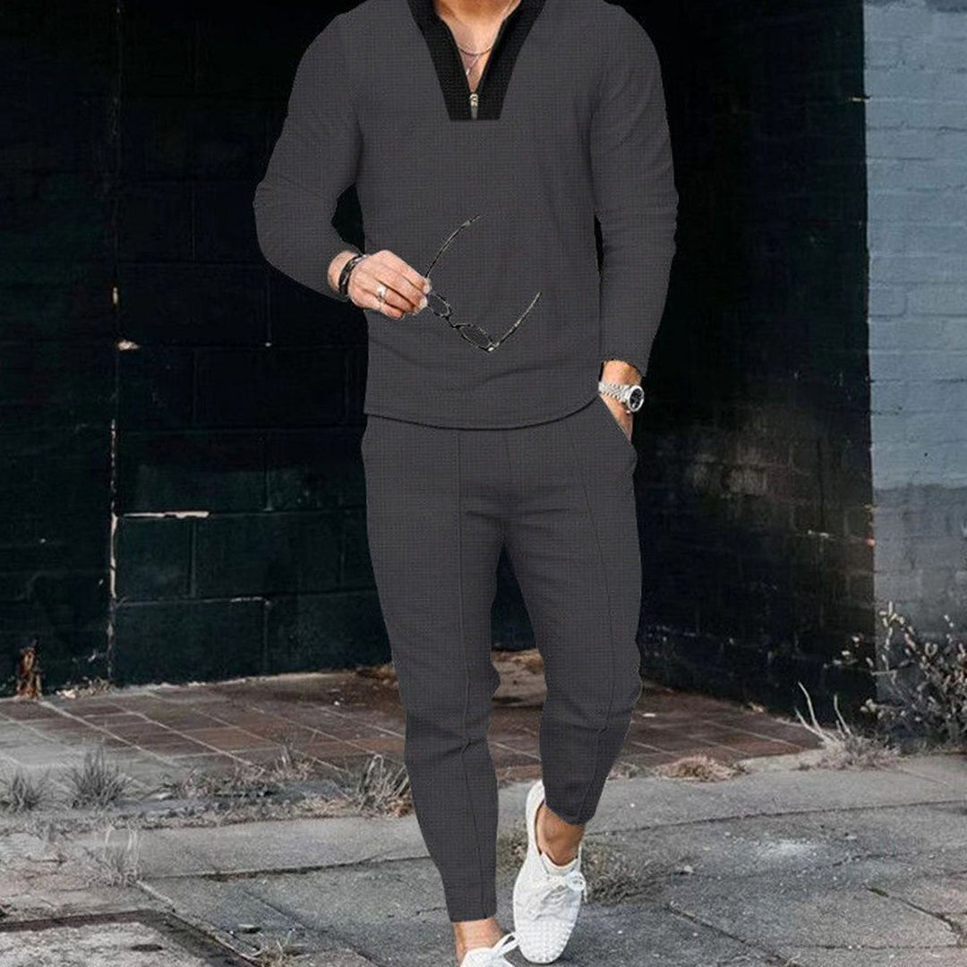 Men's Two-Piece Outfit Long-Sleeve Zip V-Neck Top Jogger Pants Set - Dark Grey