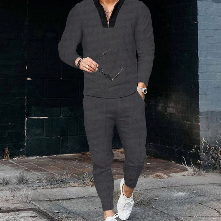 Men's Two-Piece Outfit Long-Sleeve Zip V-Neck Top Jogger Pants Set - Dark Grey