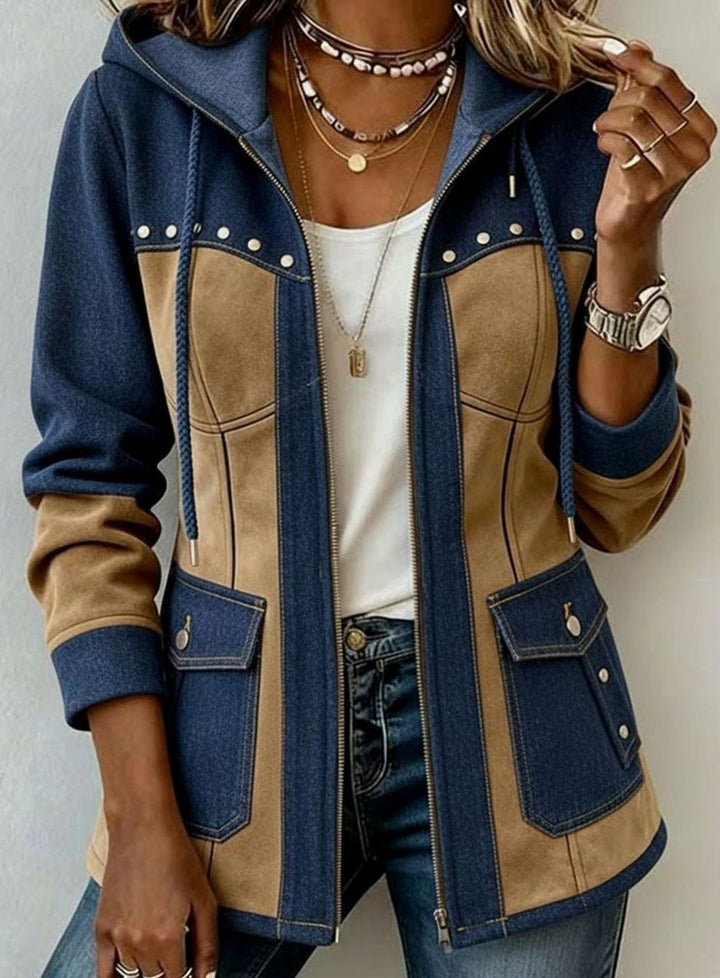 Men's Two-Tone Hooded Zip-Front Patchwork Jacket - Navy & Camel