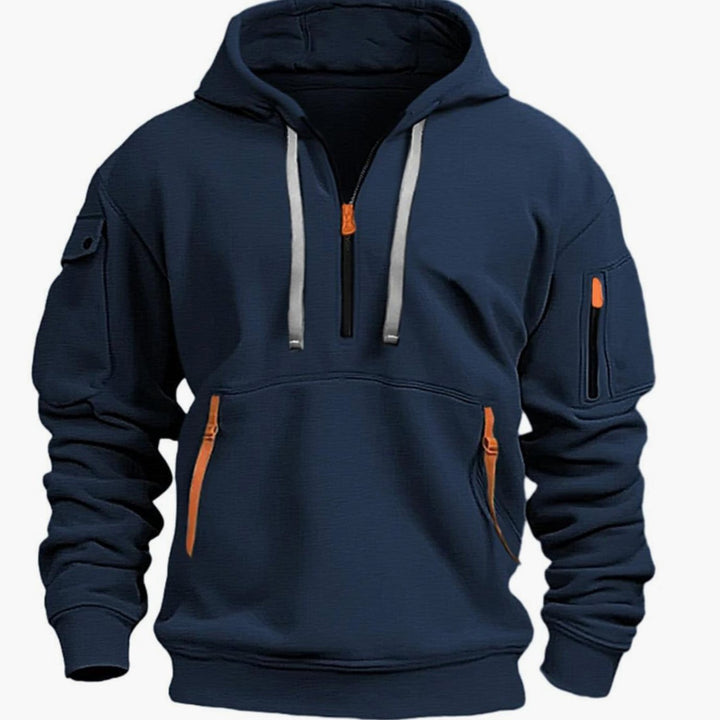Men's Utility Quarter-Zip Pullover Style Hoodie Multi-Pocket Long Sleeve - Dark Blue