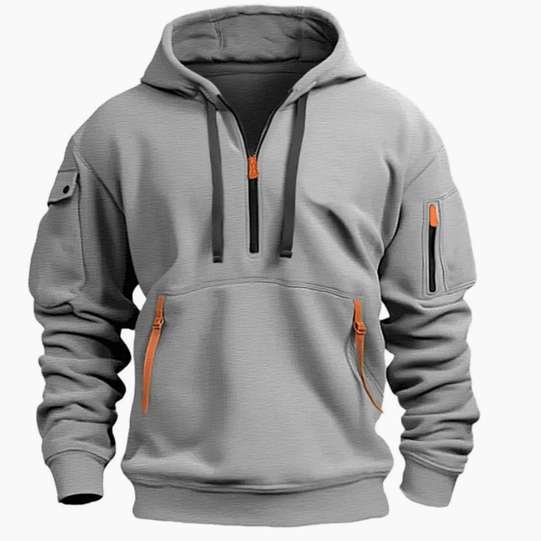 Men's Utility Quarter-Zip Pullover Style Hoodie Multi-Pocket Long Sleeve - Light Grey