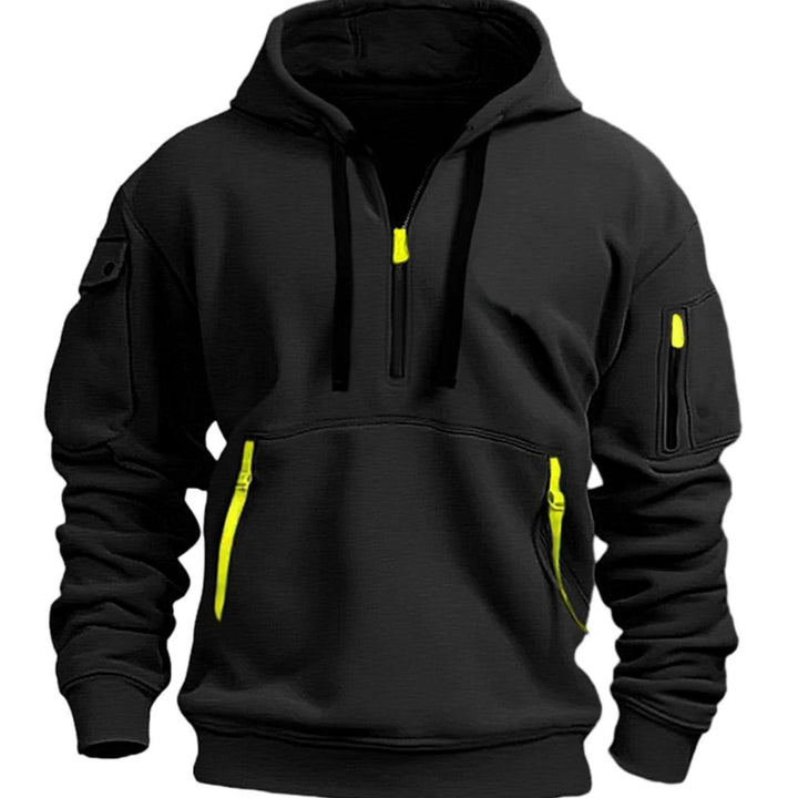 Men's Utility Quarter-Zip Pullover Style Hoodie Multi-Pocket Long Sleeve - Black