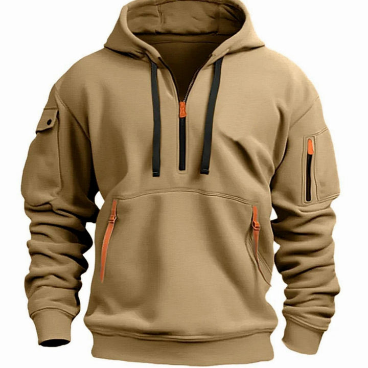 Men's Utility Quarter-Zip Pullover Style Hoodie Multi-Pocket Long Sleeve - Khaki