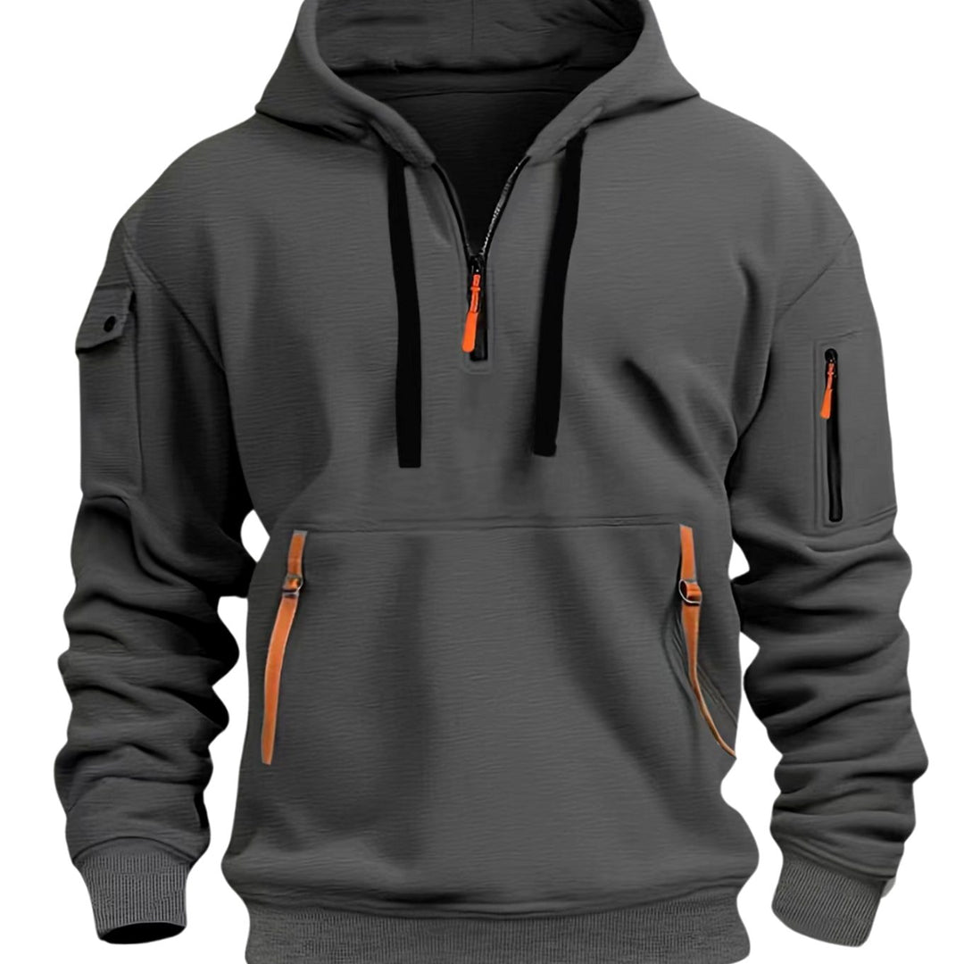 Men's Utility Quarter-Zip Pullover Style Hoodie Multi-Pocket Long Sleeve - Dark Grey