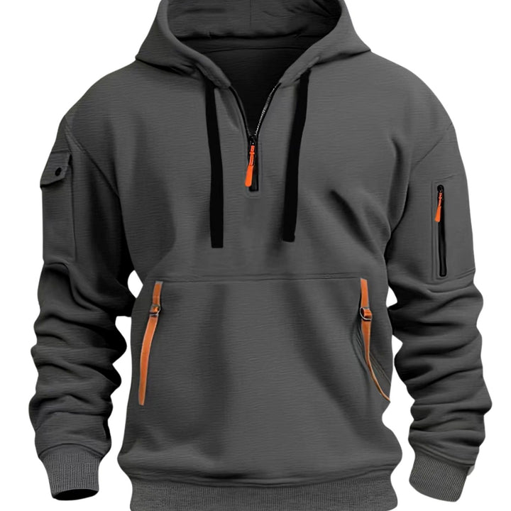 Men's Utility Quarter-Zip Pullover Style Hoodie Multi-Pocket Long Sleeve - Dark Grey