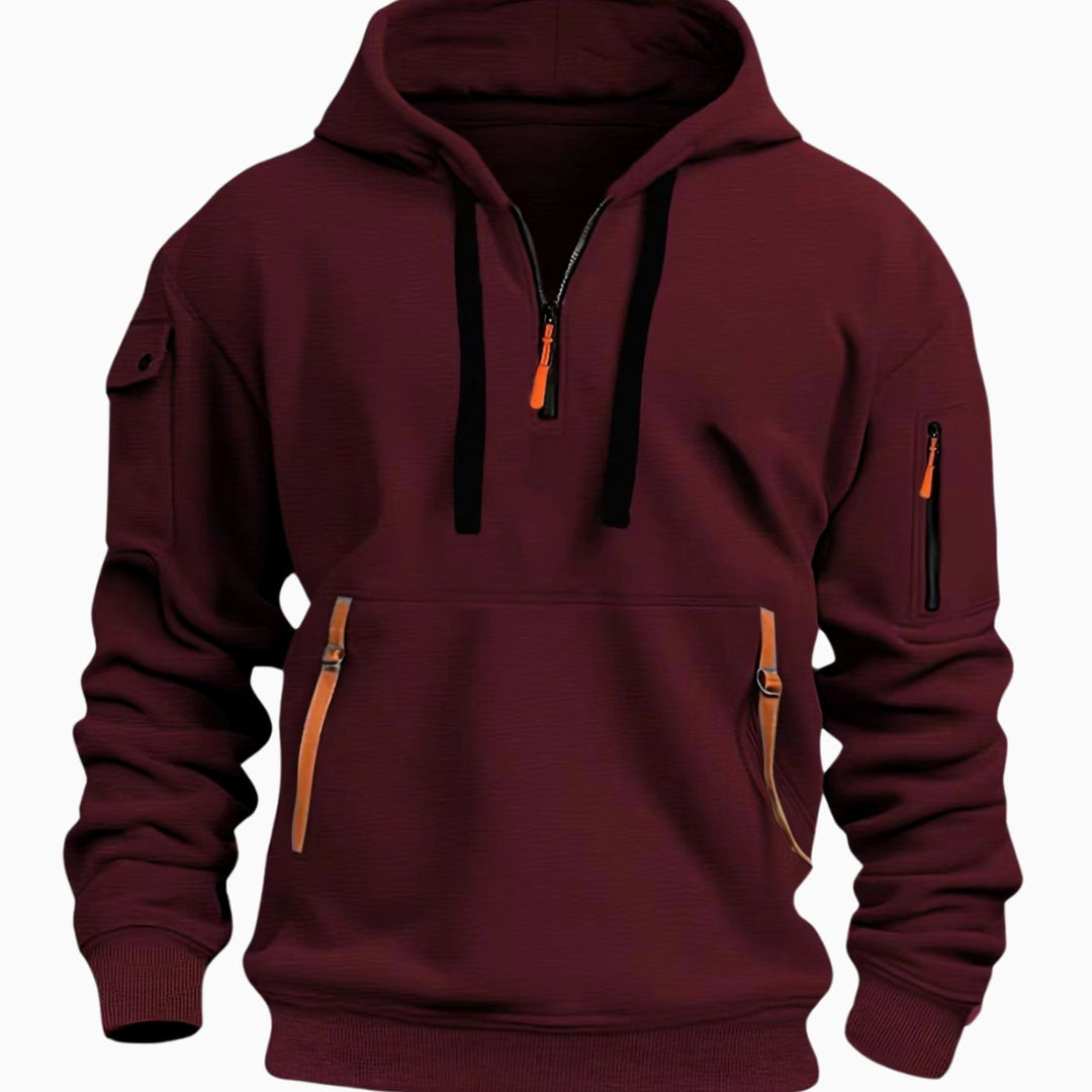 Men's Utility Quarter-Zip Pullover Style Hoodie Multi-Pocket Long Sleeve - Red