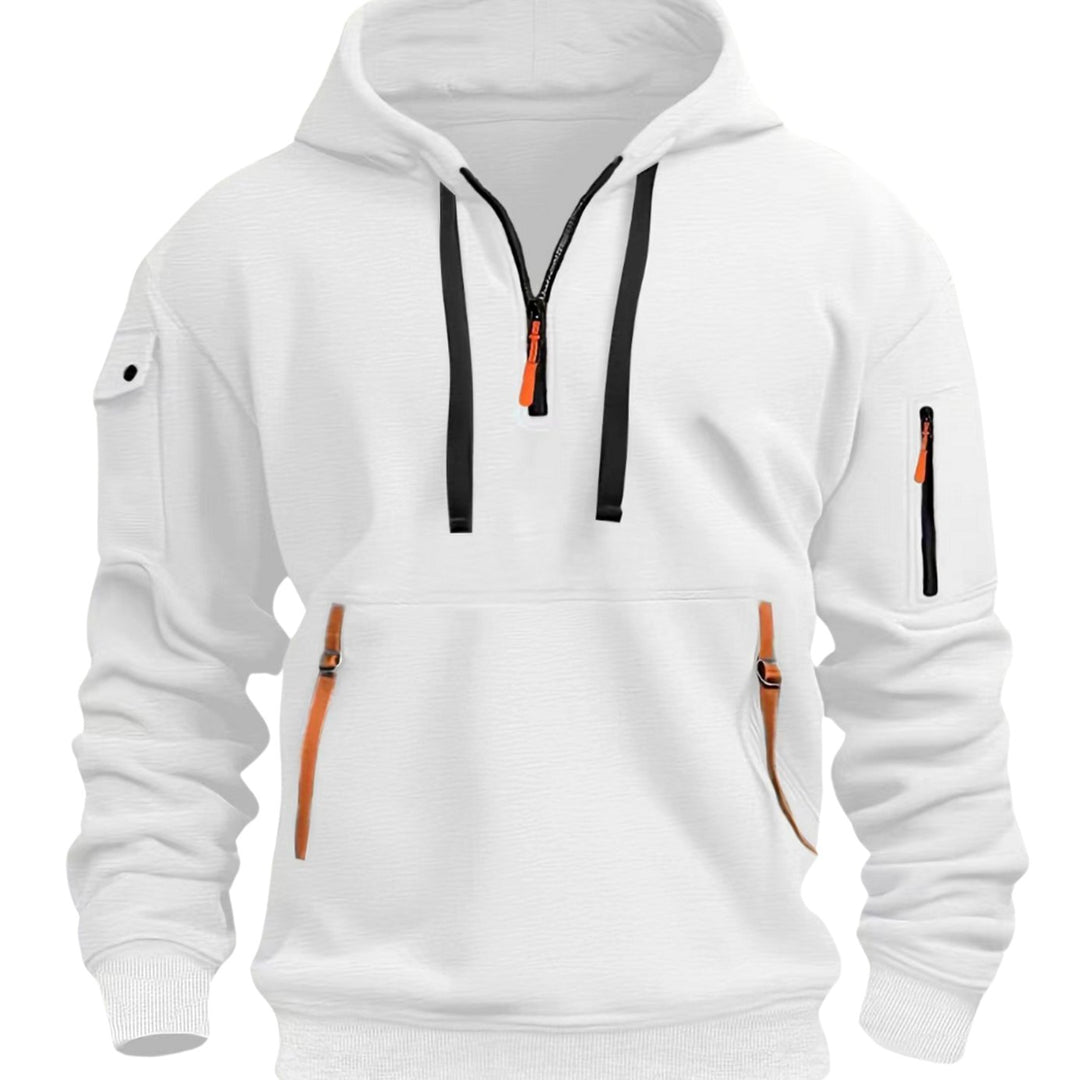 Men's Utility Quarter-Zip Pullover Style Hoodie Multi-Pocket Long Sleeve - White