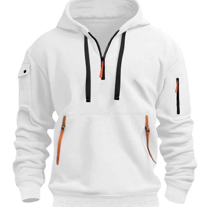 Men's Utility Quarter-Zip Pullover Style Hoodie Multi-Pocket Long Sleeve - White