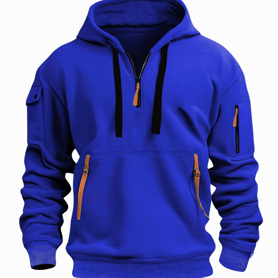 Men's Utility Quarter-Zip Pullover Style Hoodie Multi-Pocket Long Sleeve - Blue