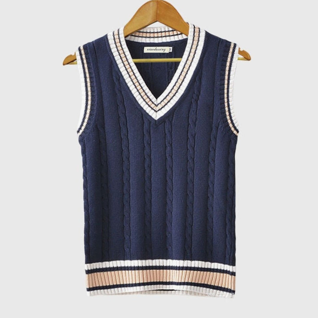 Men's V-Neck Cable Knit Striped-Trim Sleeveless Sweater Vest - Blue