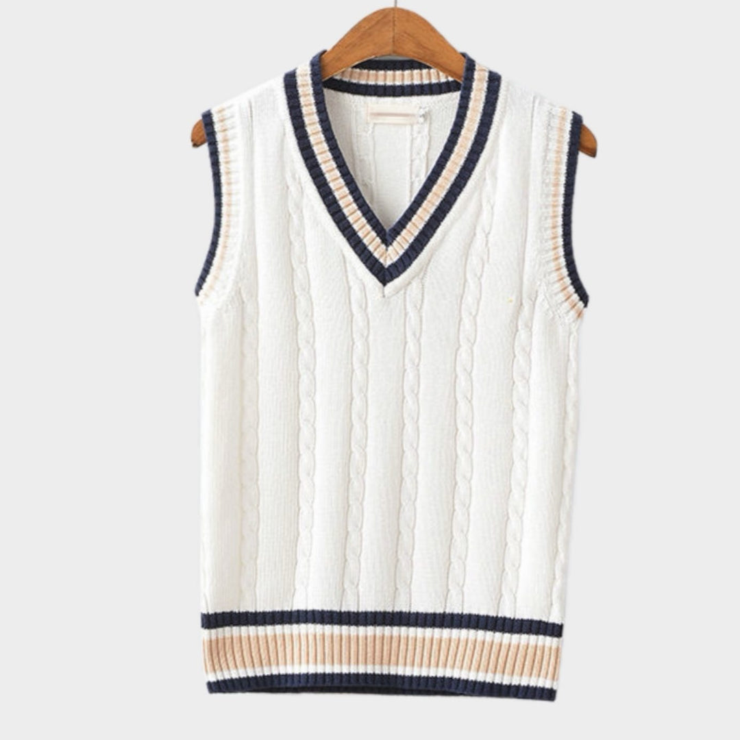 Men's V-Neck Cable Knit Striped-Trim Sleeveless Sweater Vest - White