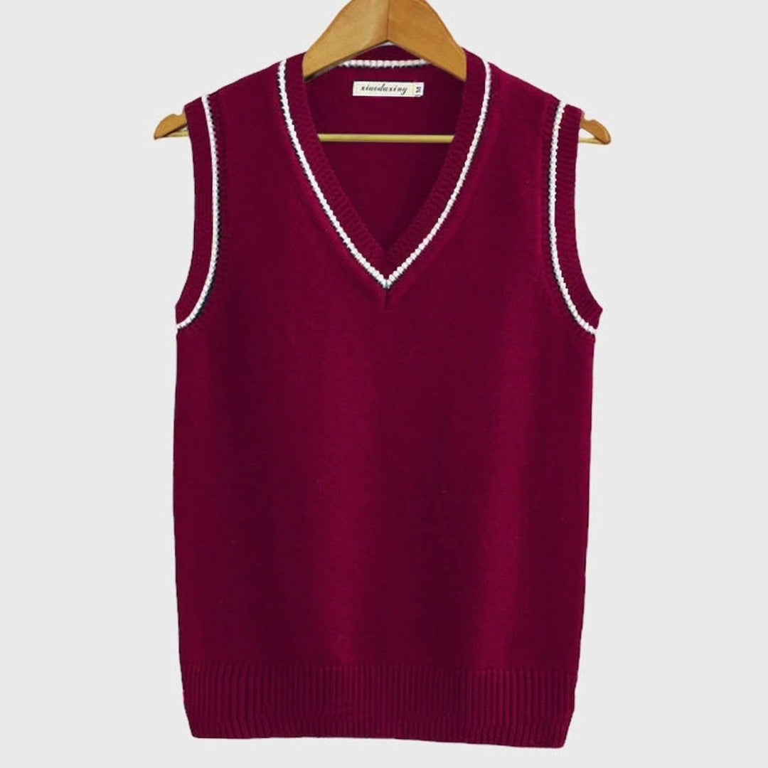 Men's V-Neck Cable Knit Striped-Trim Sleeveless Sweater Vest - Red