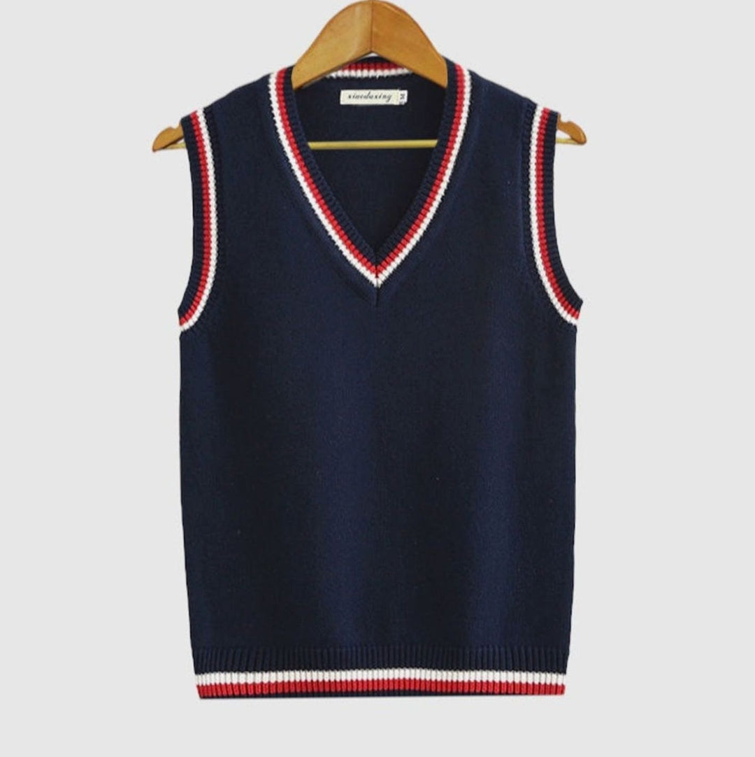 Men's V-Neck Cable Knit Striped-Trim Sleeveless Sweater Vest - Dark Blue