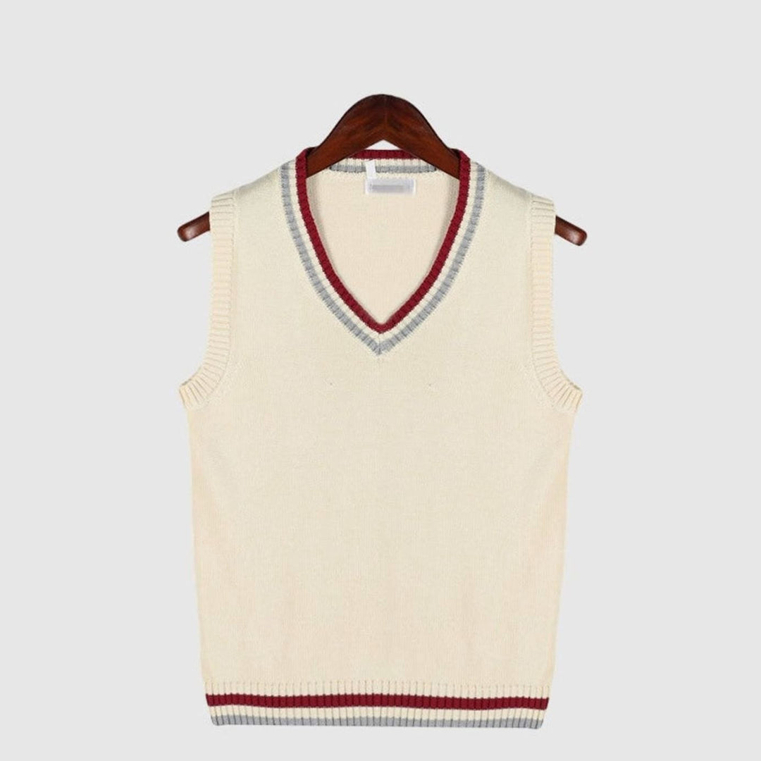 Men's V-Neck Cable Knit Striped-Trim Sleeveless Sweater Vest - Beige