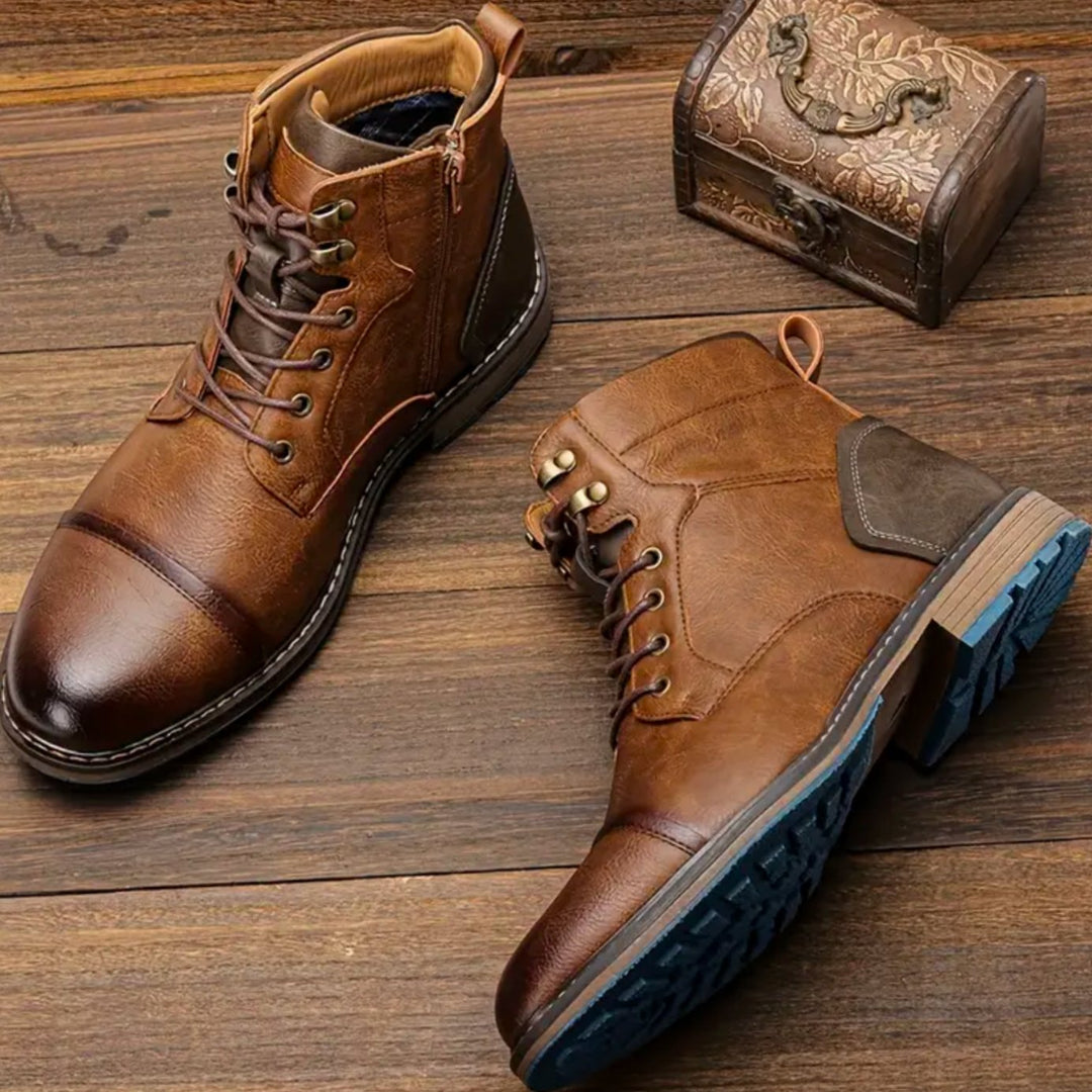 Men's Vintage Cap-Toe Lace-Up Leather Boots - Brown