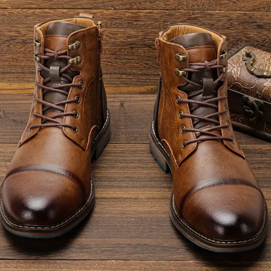 Men's Vintage Cap-Toe Lace-Up Leather Boots
