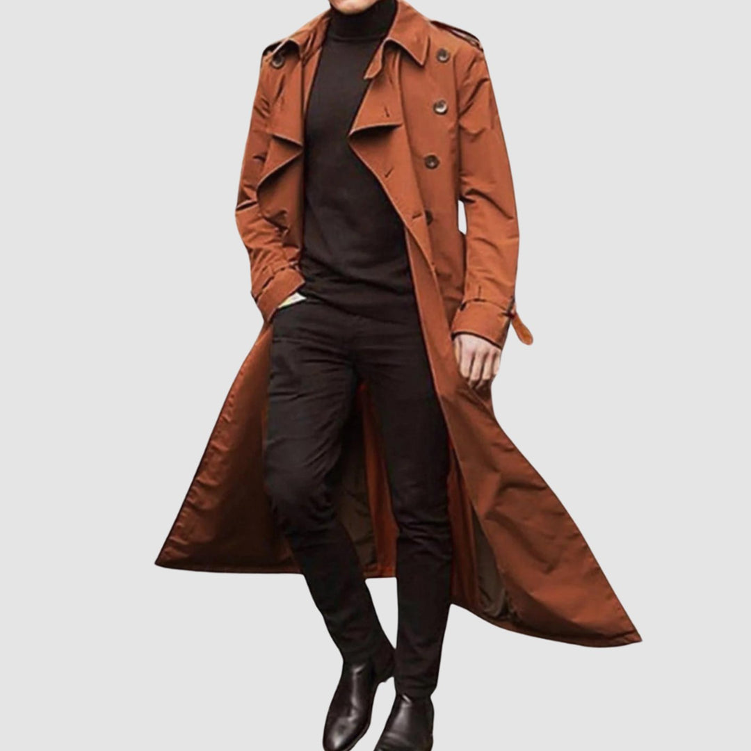 Men's Vintage-Inspired Double-Breasted Long Trench Coat - Orange