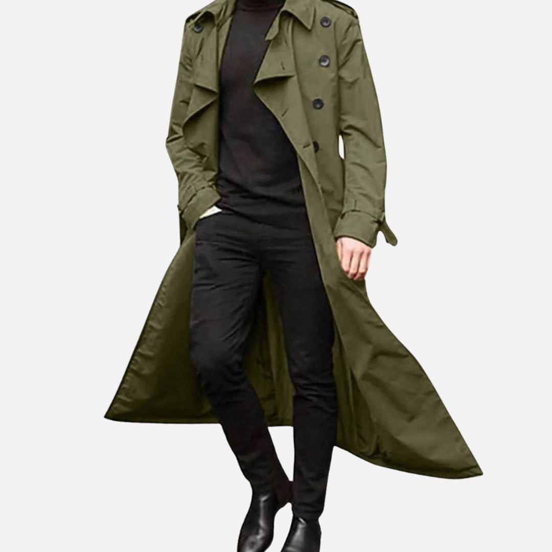 Men's Vintage-Inspired Double-Breasted Long Trench Coat - Green