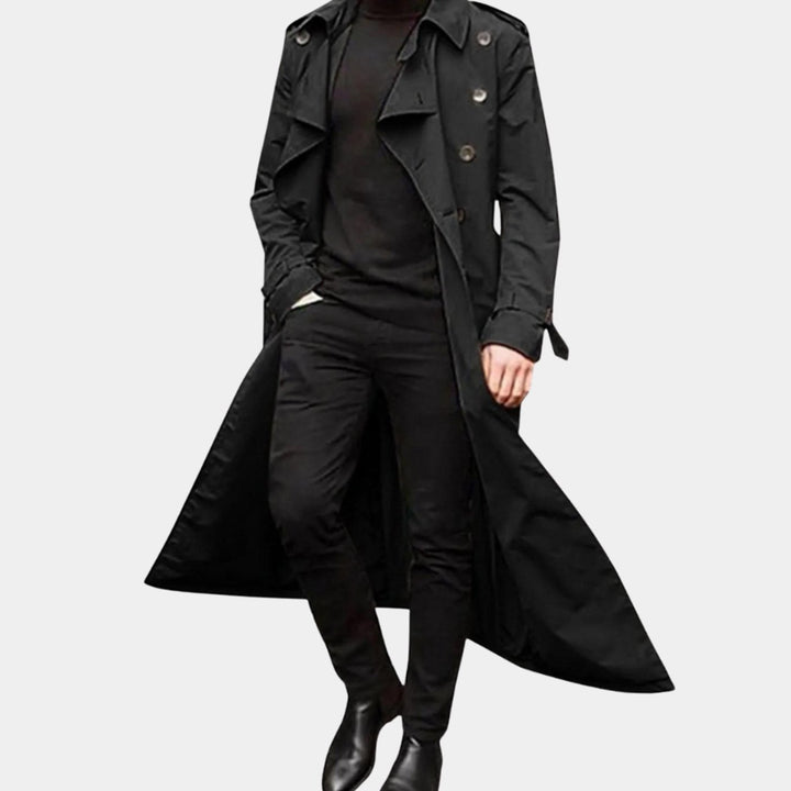 Men's Vintage-Inspired Double-Breasted Long Trench Coat - Black