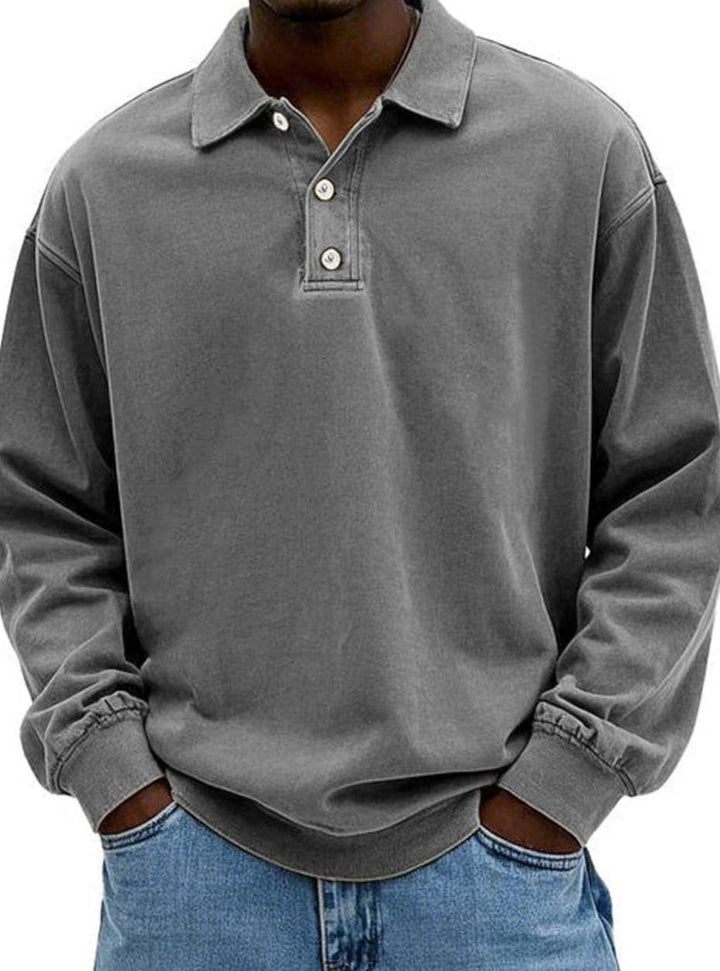 Men's Vintage Long Sleeve Relaxed-Fit Polo Shirt - Grey