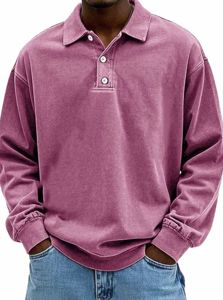 Men's Vintage Long Sleeve Relaxed-Fit Polo Shirt - Pink