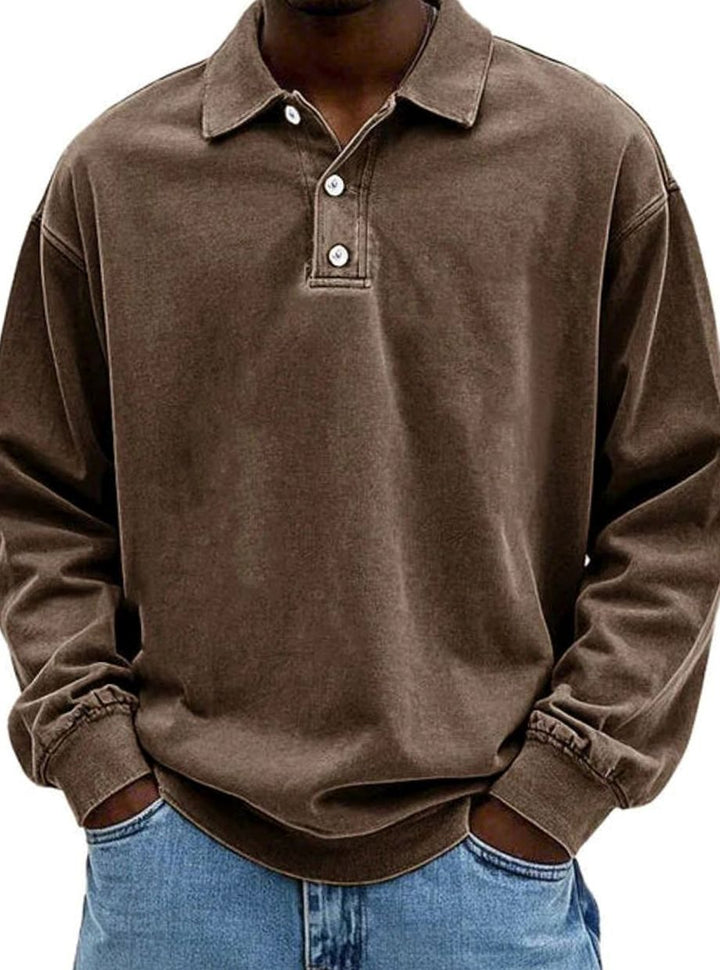 Men's Vintage Long Sleeve Relaxed-Fit Polo Shirt - Brown