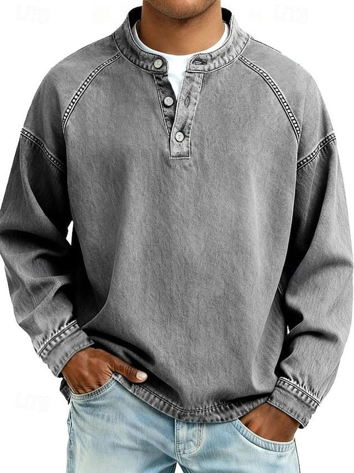 Men's Vintage Washed Henley Long Sleeve Knit Sweater Pullover - Gray