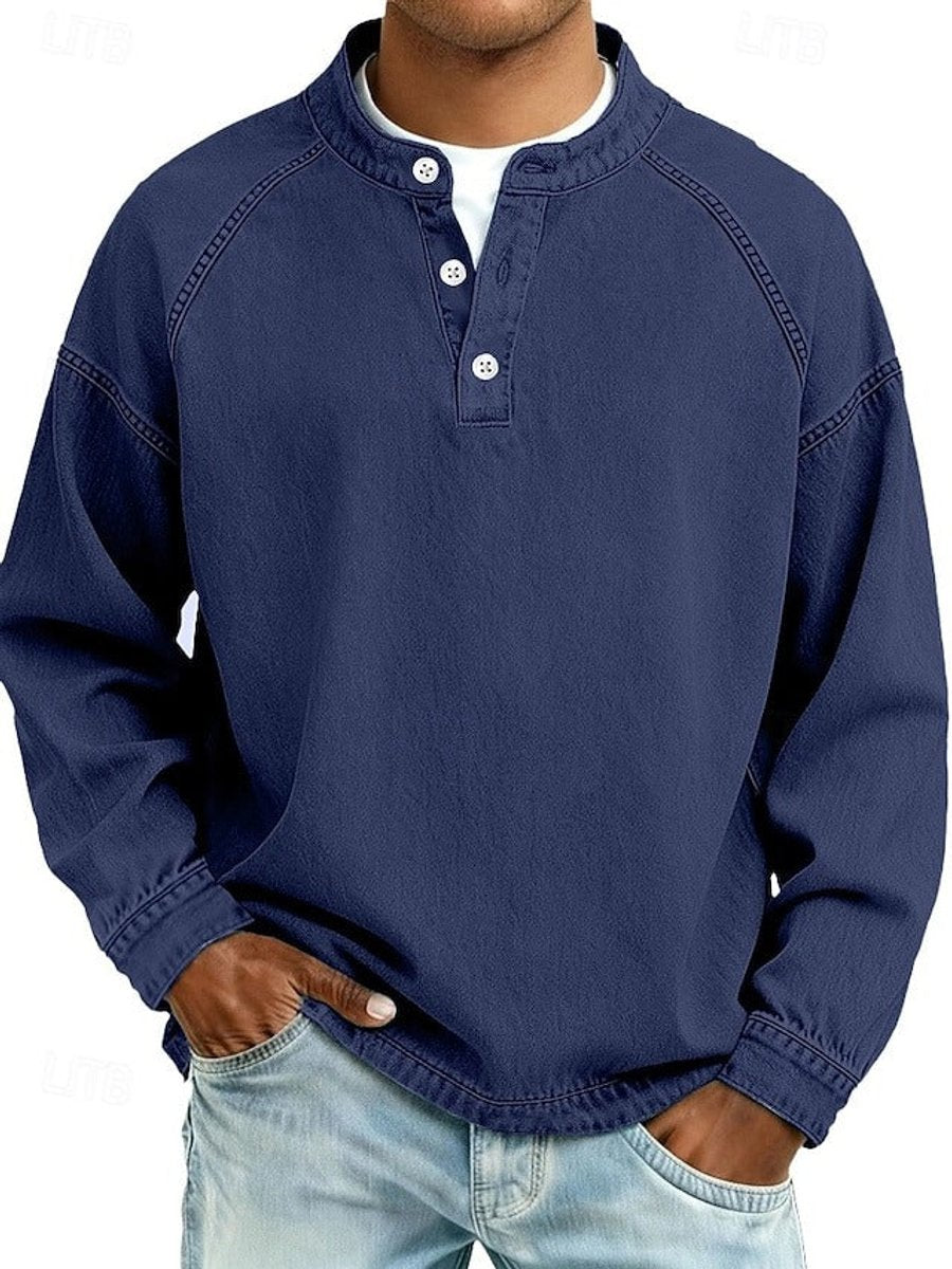 Men's Vintage Washed Henley Long Sleeve Knit Sweater Pullover - Royal Blue