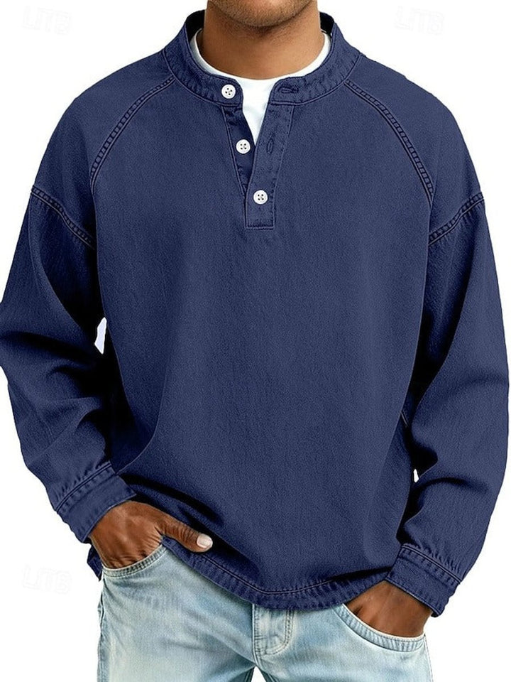 Men's Vintage Washed Henley Long Sleeve Knit Sweater Pullover - Royal Blue