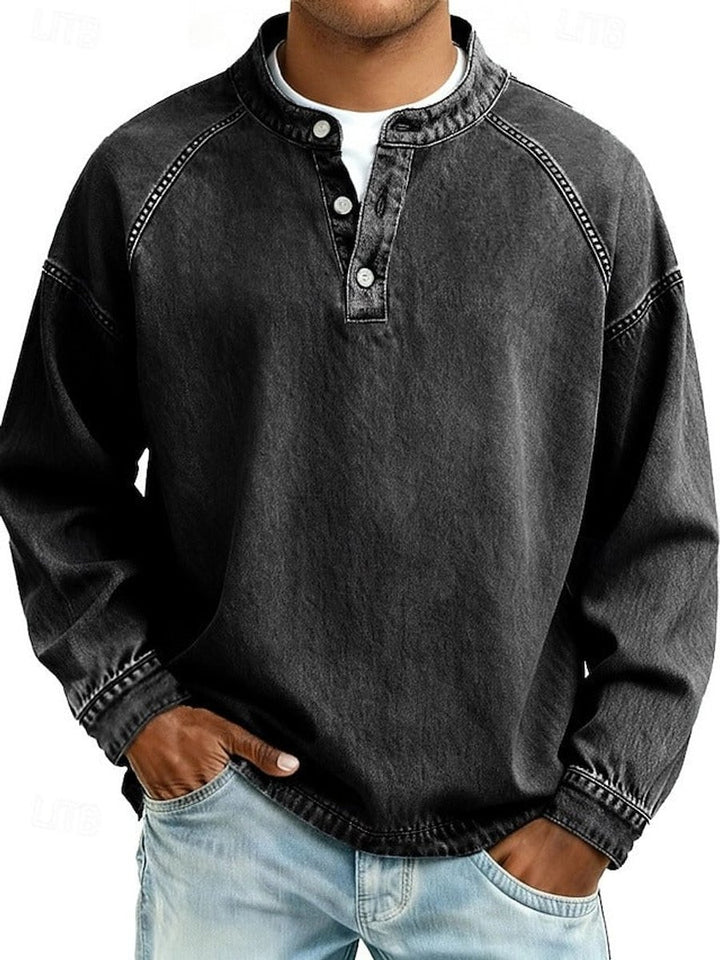 Men's Vintage Washed Henley Long Sleeve Knit Sweater Pullover - Black