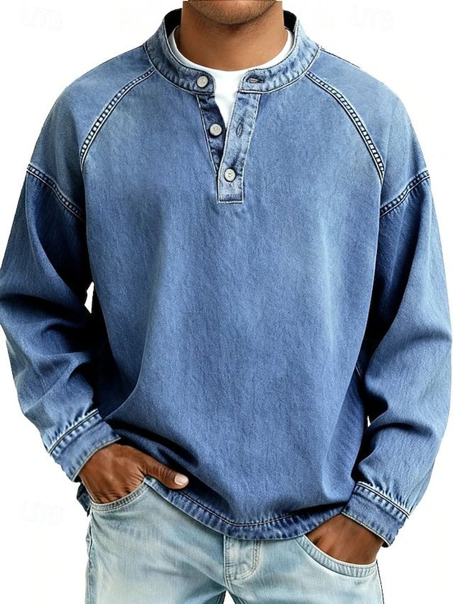 Men's Vintage Washed Henley Long Sleeve Knit Sweater Pullover - Light Blue