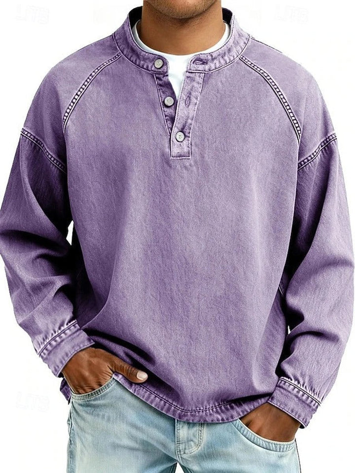 Men's Vintage Washed Henley Long Sleeve Knit Sweater Pullover - Purple