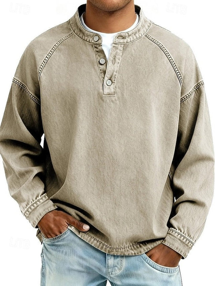 Men's Vintage Washed Henley Long Sleeve Knit Sweater Pullover - Khaki