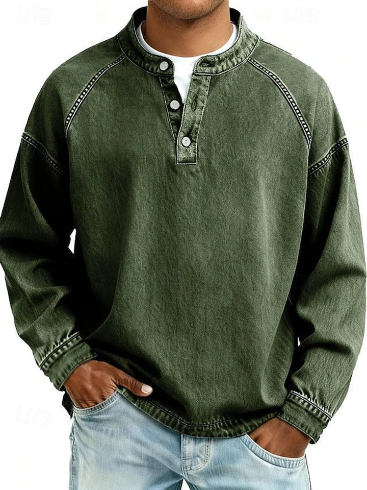 Men's Vintage Washed Henley Long Sleeve Knit Sweater Pullover - Dark Green