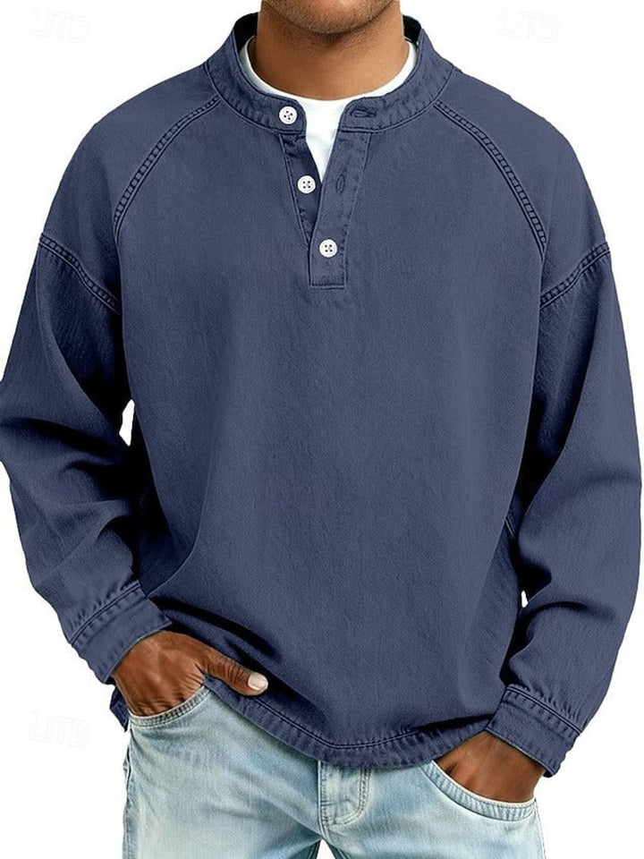 Men's Vintage Washed Henley Long Sleeve Knit Sweater Pullover - Dark Blue