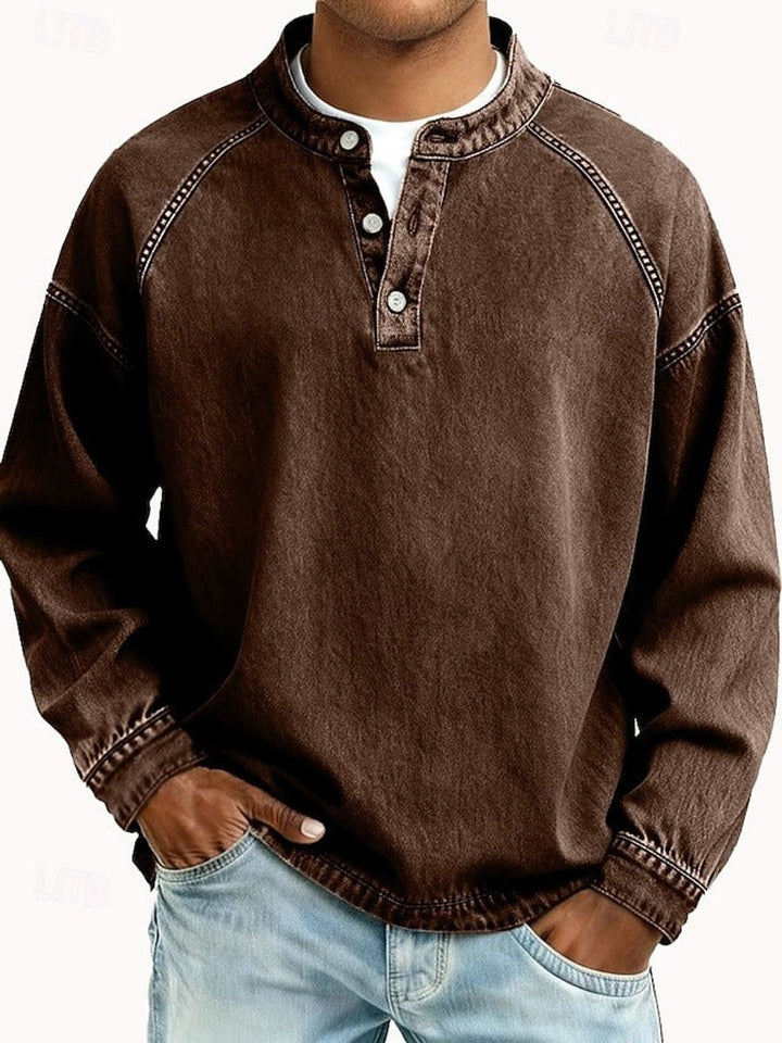 Men's Vintage Washed Henley Long Sleeve Knit Sweater Pullover - Brown