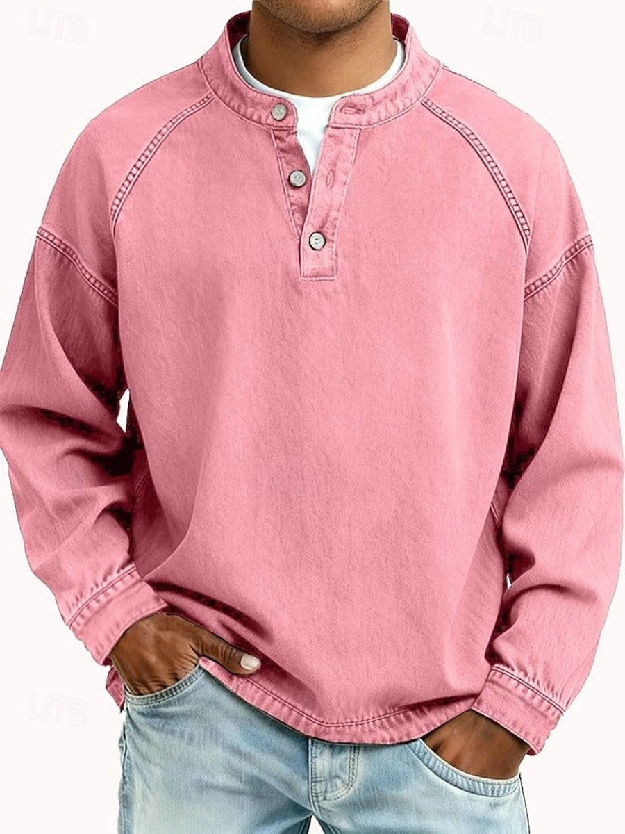 Men's Vintage Washed Henley Long Sleeve Knit Sweater Pullover - Pink