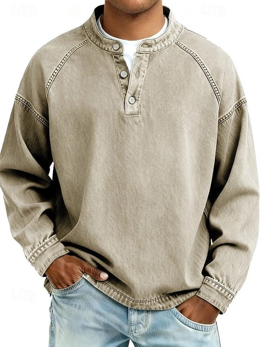 Men's Vintage Washed Henley Raglan Pullover Sweatshirt - Khaki