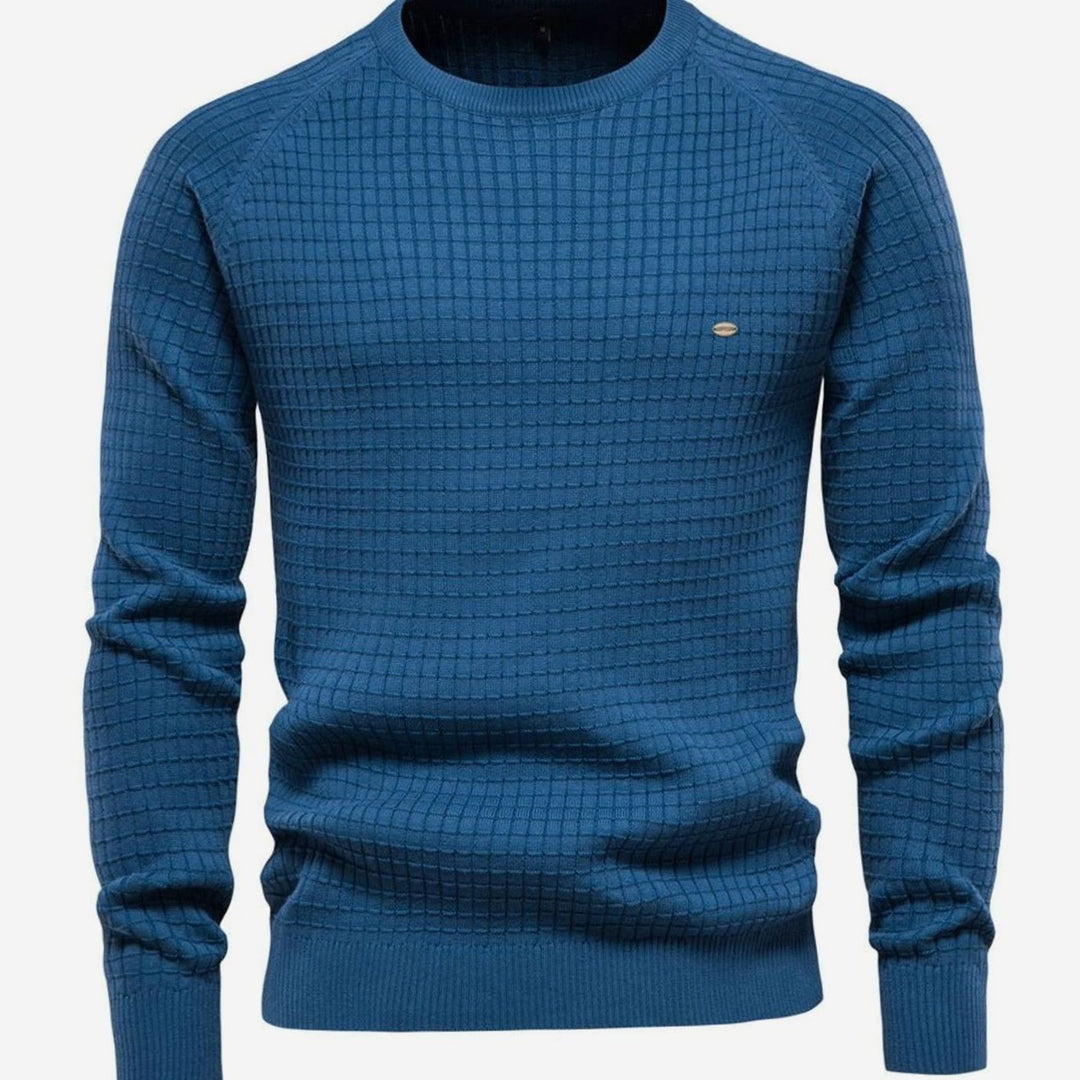Men's Waffle-Knit Crewneck Casual Sweater Raglan Sleeve Pullover - Blue