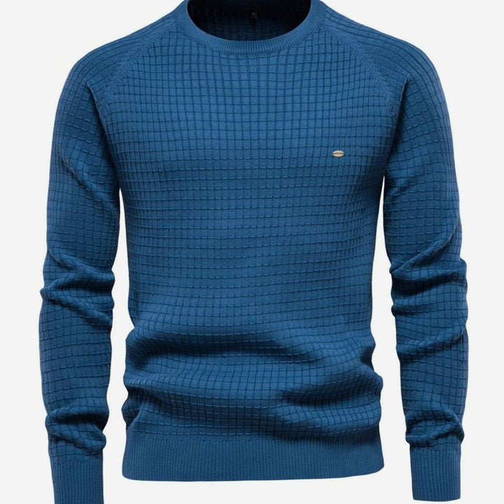Men's Waffle-Knit Crewneck Casual Sweater Raglan Sleeve Pullover - Blue