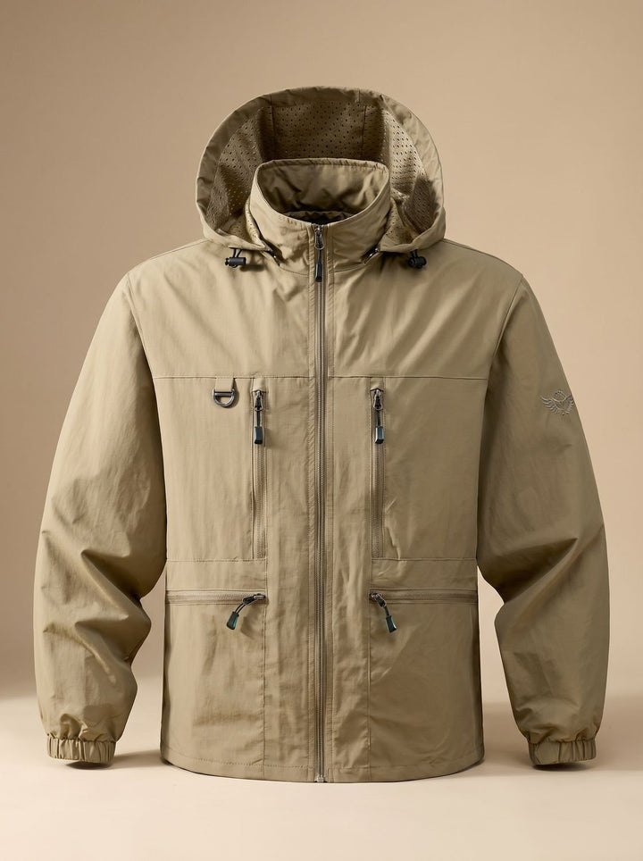 Men's Waterproof Hooded Windproof Outdoor Zip-Up Jacket - Khaki