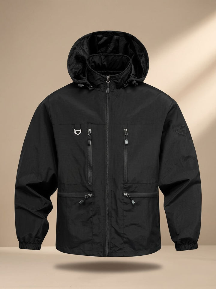 Men's Waterproof Hooded Windproof Outdoor Zip-Up Jacket - Black