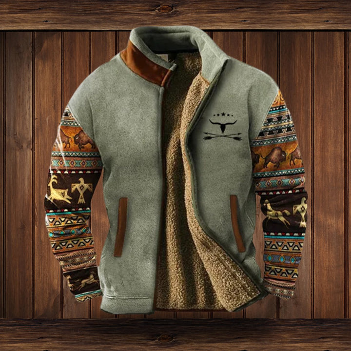 Men's Western Aztec-Print Sherpa-Lined Full-Zip Fleece Jacket - Gray