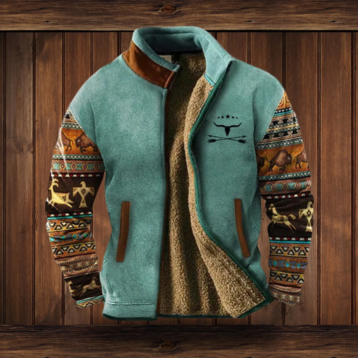 Men's Western Aztec-Print Sherpa-Lined Full-Zip Fleece Jacket - Dark Blue